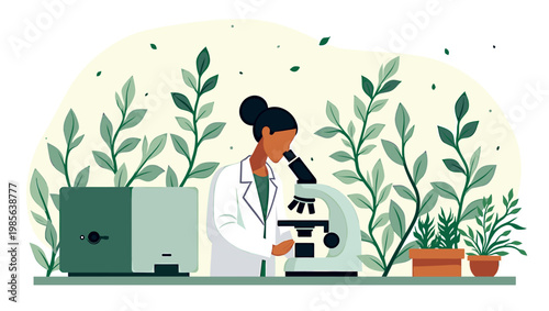 A minimalist illustration featuring a green plant growing next to a dark green technology device, evoking themes of growth, sustainability, and the bl