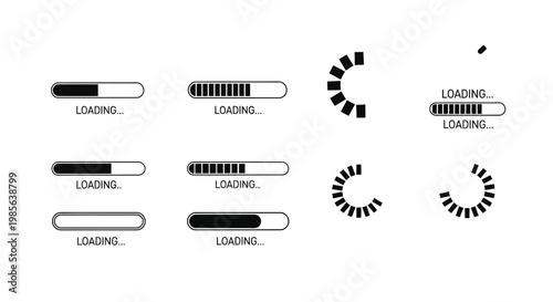 Vector illustration of loading bar and spinner icons set, progress bar symbols