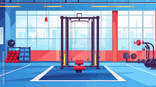 Cartoon-style illustration depicts a modern gym interior with fitness equipment against a city backdrop