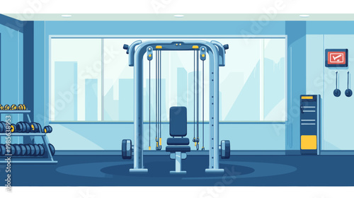 A stylized illustration of a modern gym interior with weight machines and equipment