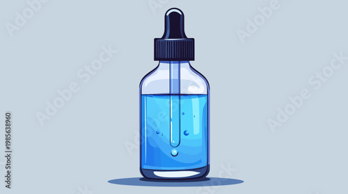 A stylized illustration of a dropper bottle filled with blue liquid against a light gray backdrop