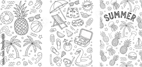 Hand Drawn Summer Vacation Doodle Illustration Set Featuring Tropical Palm Trees Pineapple Beach Umbrella Swan Float And Seasonal Travel Icons For Creative Graphic Design Projects