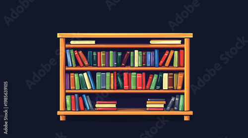 Colorful illustrated bookcase filled with books, set against a dark blue background. Books arranged on shelves