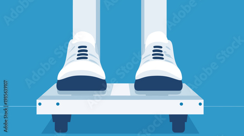 Illustration of a person's feet in white athletic shoes standing on a weighing scale