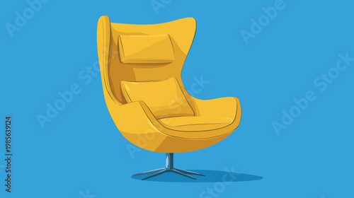 Illustration of a modern, yellow armchair with a high back and cushions, on blue backdrop