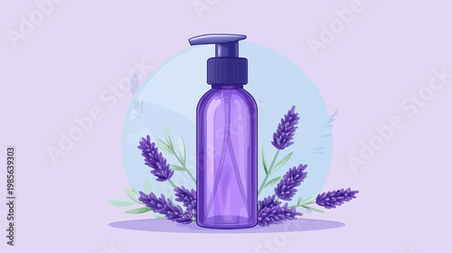 Digital illustration of a purple pump bottle surrounded by lavender against a soft background