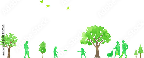 緑の木々と人々の公園風景　水彩イラスト　白背景