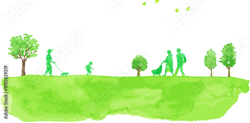 緑の木々と草原の風景　水彩イラスト　自然の景色