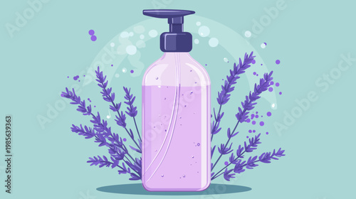Digital illustration of a dispenser bottle surrounded by lavender and a soft blue background