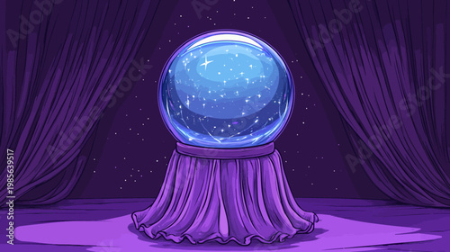 Pixelated artwork depicts a crystal ball on a draped table against a curtain backdrop
