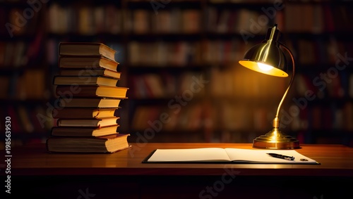 Old vintage library room with stacked books and a lamp with candlelight on a table at night