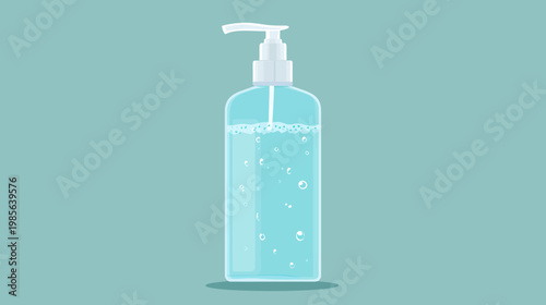 Illustration of a clear, cylindrical bottle with a pump dispenser. Bubbles float in the fluid inside