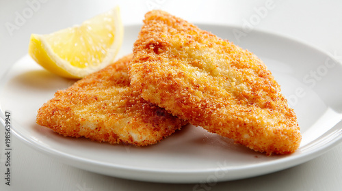 白い皿に盛られたサクサク衣の白身魚フライとレモン