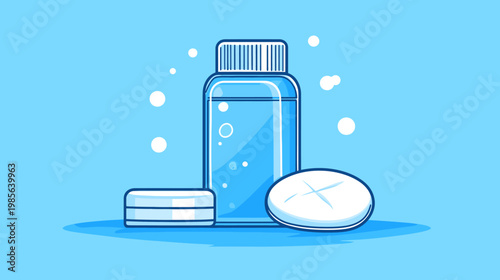 A medical illustration of medicine-related objects with blue and white color scheme