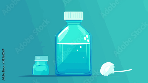 A medical illustration of two medicine bottles, liquid contents, and a spoon. Teal background