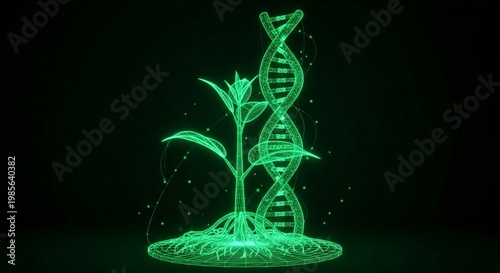 A Double helix forming a seedling sprout above soil,glowing green digital wireframe of a growing plant intertwined with a DNA double helix structure, representing biotechnology, genetic engineering, a