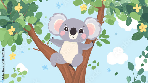 An illustration depicting a friendly cartoon koala sitting on a tree branch, surrounded by foliage