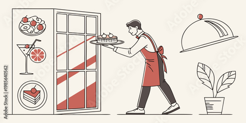 Professional waiter placing cake into a display cabinet, vector
