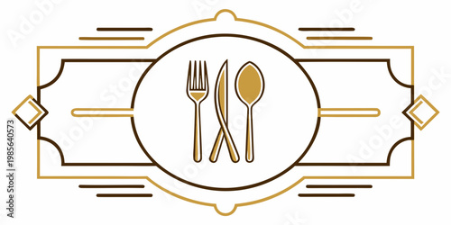 Decorative restaurant icon with cutlery in frame, vector