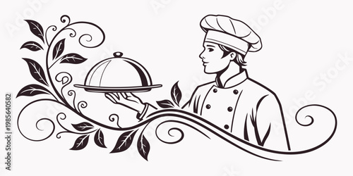 Professional male chef holding a covered serving platter, vector
