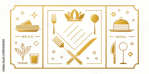 Elegant gold linear restaurant menu design elements, vector