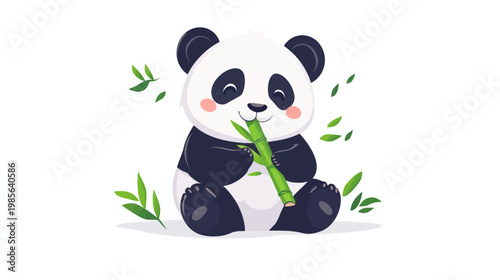 Adorable illustration of a panda bear with black and white fur, smiling and eating bamboo