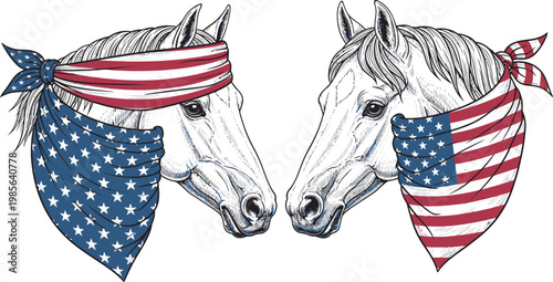 Independence Day Two horses wearing American flag bandanas and headbands vector illustration for patriotic equestrian themed designs USA