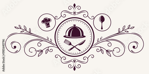 Vintage restaurant logo with cloche and cutlery, vector