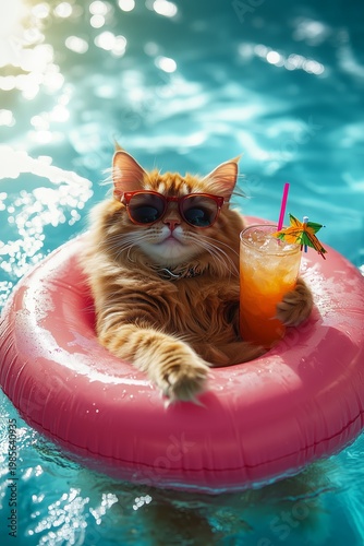 Funny beach resort concept: cat floating in pool with drink, palm trees, and sunny holiday vibes
