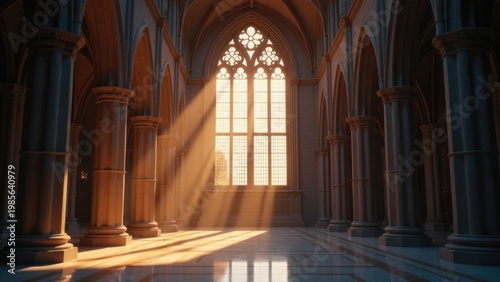 Sunlight pours into a cathedral's interior, illuminating pews and stained glass