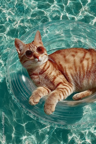 Funny beach resort concept: cat floating in pool with drink, palm trees, and sunny holiday vibes