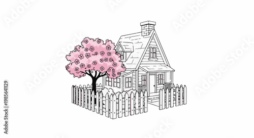 A charming sketch of a quaint house with a flowering tree and picket fence