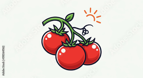 A cartoon illustration of ripe red tomatoes on a green vine under a stylized sun