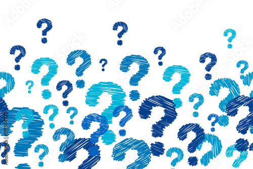 Question mark seamless border. Blue hand-drawn textured signs - symbols of curiosity, problem and doubt. Vector illustration for trivia game and survey design on white background