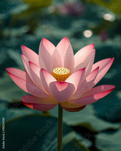 Hyper-realistic Close-up of Blooming Pink Sacred Lotus with Morning Dew Drops