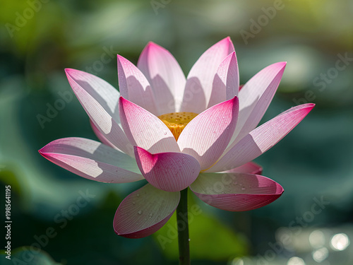 Hyper-realistic Close-up of Blooming Pink Sacred Lotus with Morning Dew Drops