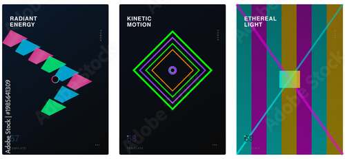 Radiant energy kinetic motion ethereal light poster template ascending chevrons concentric squares stripes