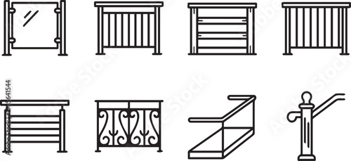 Modern railing icons set, architectural balustrade and handrail vector collection, metal and glass balcony fence line art for construction