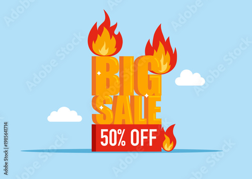 Poster big sale on fire. Huge Discount in question. Hot offer. Modern vector illustration in flat style