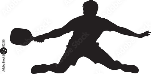 Athletic Silhouette Vector of a Man Playing Pickleball in a Deep Defensive Lunge, Reaching for the Ball with a Paddle in a High-Contrast Style