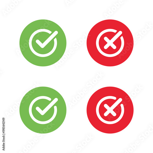Check and cross icon in green and red circle. Tick and X symbol. Accept and cancel sign