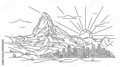 Mountain and City with Sunrise Linear Graphic