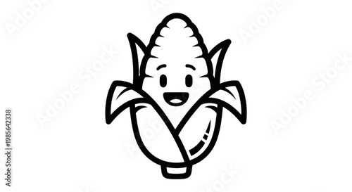 Cute Corn Character Icon Black and White