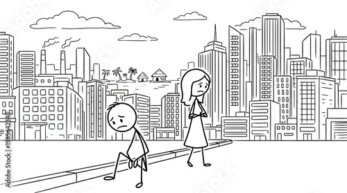 Sad Cartoon Couple Separated in City Setting