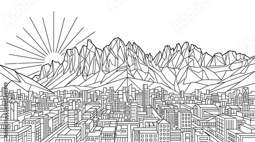 Geometric Cityscape with Mountains and Sunrise