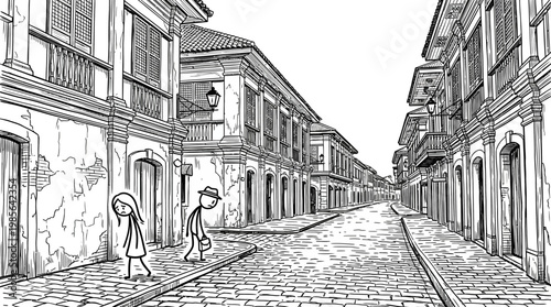 Black and White Street Scene with Walking People