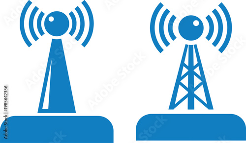 Tower icons with signal waves for communication and network