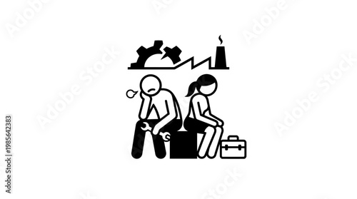 Unemployed Figures with Factory Symbol in Background