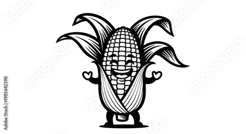 Happy Corn Character Mascot Black and White