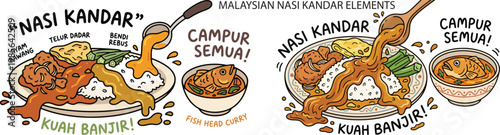 Malaysian Nasi Kandar Curry Flood, Kuah Banjir, White rice heavily covered in mixed curry gravy, Illustration Doodle Cartoon Collection